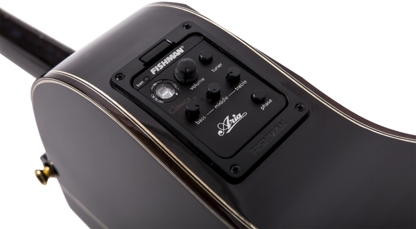 Preview: Aria A48CE-SBK, Fichte massiv / Ahorn, Thinbody, Cutaway, Pickup, 45mm Sattelbreite